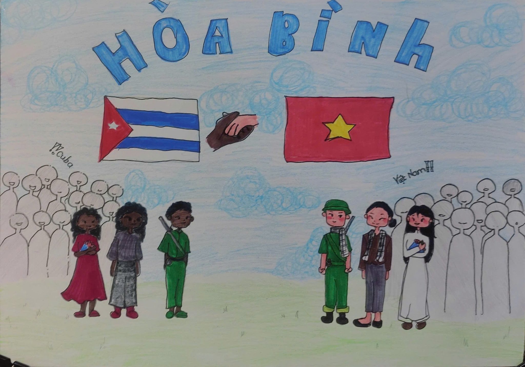 Vẽ thiếu nhi Việt Nam Cuba với lá cờ đỏ sao vàng