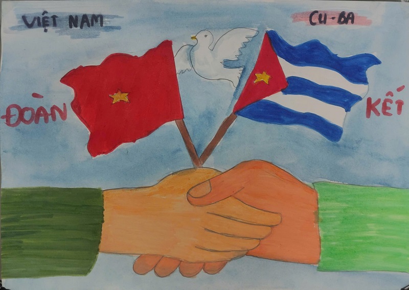Vẽ tranh thiếu nhi Việt Nam Cuba tay trong tay