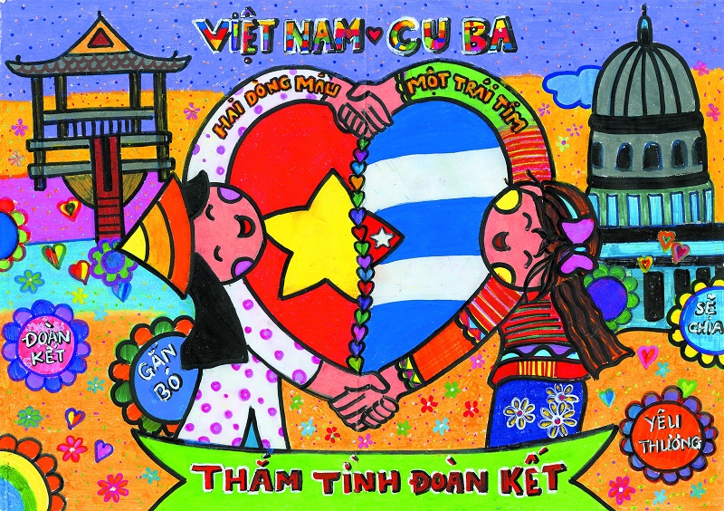 Tranh vẽ thiếu nhi Việt Nam Cuba thân thiện, vui tươi