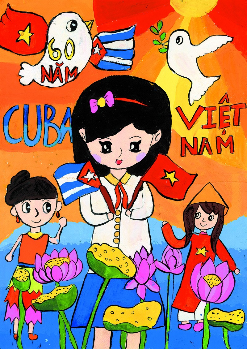 Tranh vẽ thiếu nhi Việt Nam Cuba bên quốc kỳ