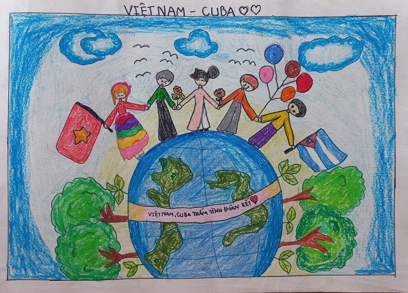 Tranh vẽ thiếu nhi Việt Nam Cuba nhảy múa tưng bừng
