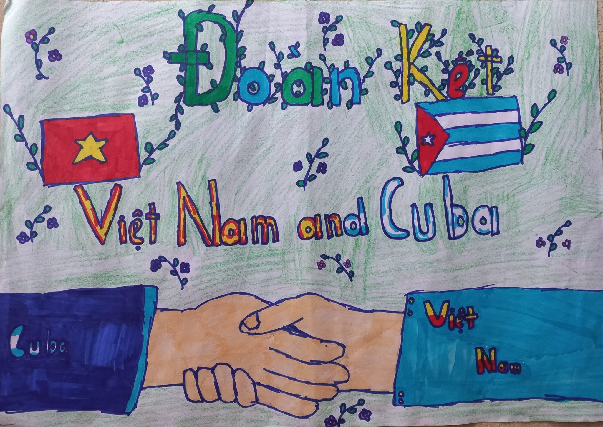 Vẽ thiếu nhi Việt Nam Cuba nắm tay kết đoàn