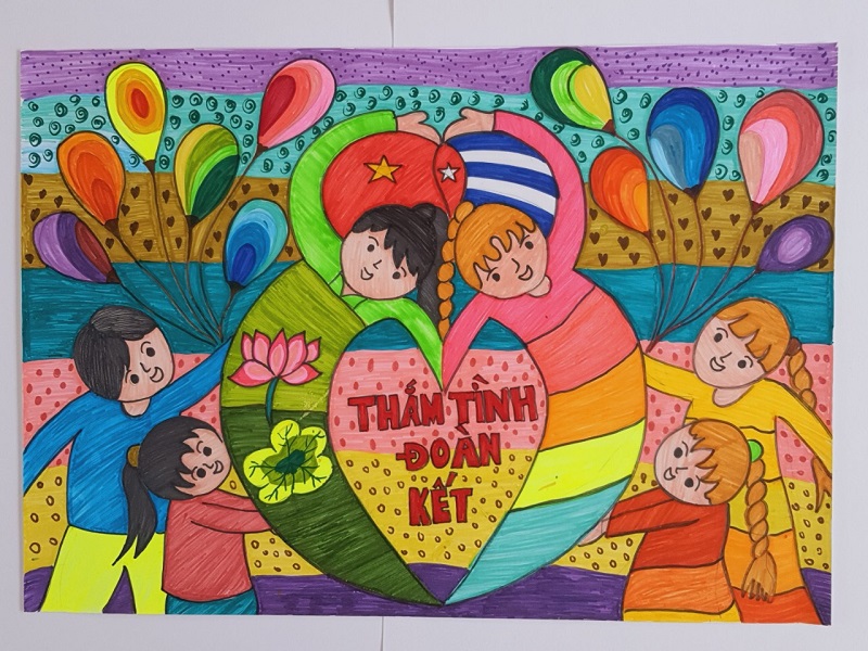 Vẽ tranh đơn giản thiếu nhi Việt Nam Cuba thắm tình đoàn kết