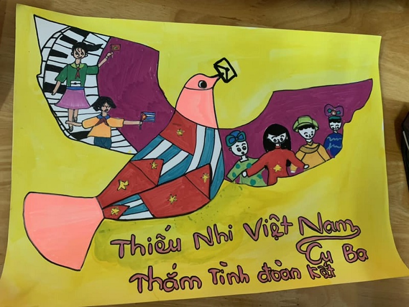 Vẽ tranh đẹp thiếu nhi Việt Nam Cuba thắm tình đoàn kết