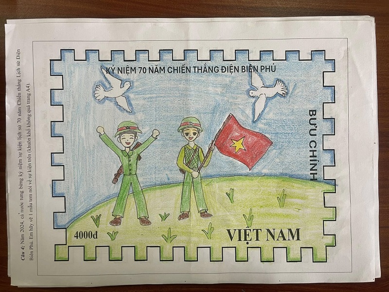 Tranh học sinh vẽ chiến thắng năm 1954 bằng màu sáp