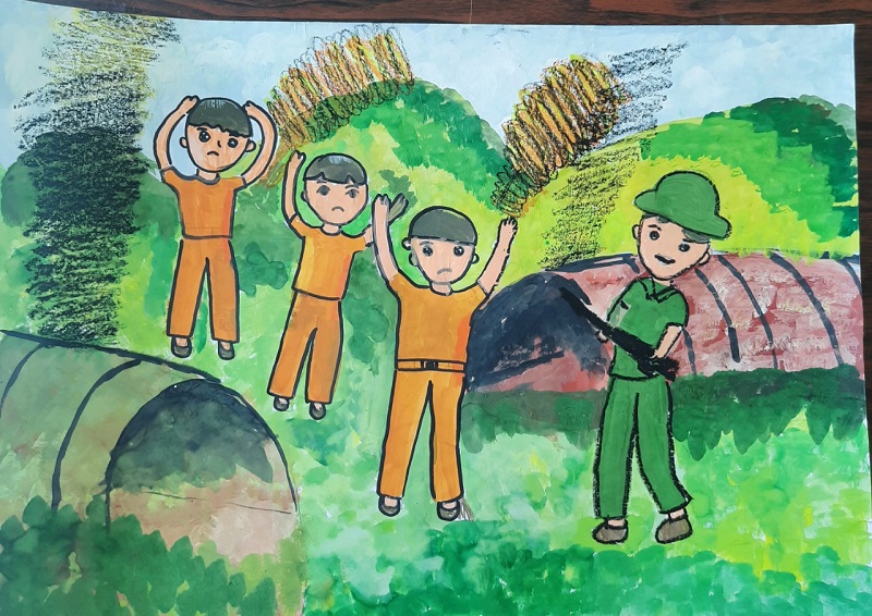 Tranh vẽ chú bộ đội và em bé dân tộc