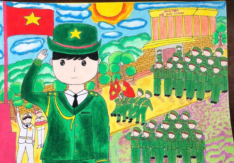 tranh vẽ hình ảnh chú bộ đội đang hành quân