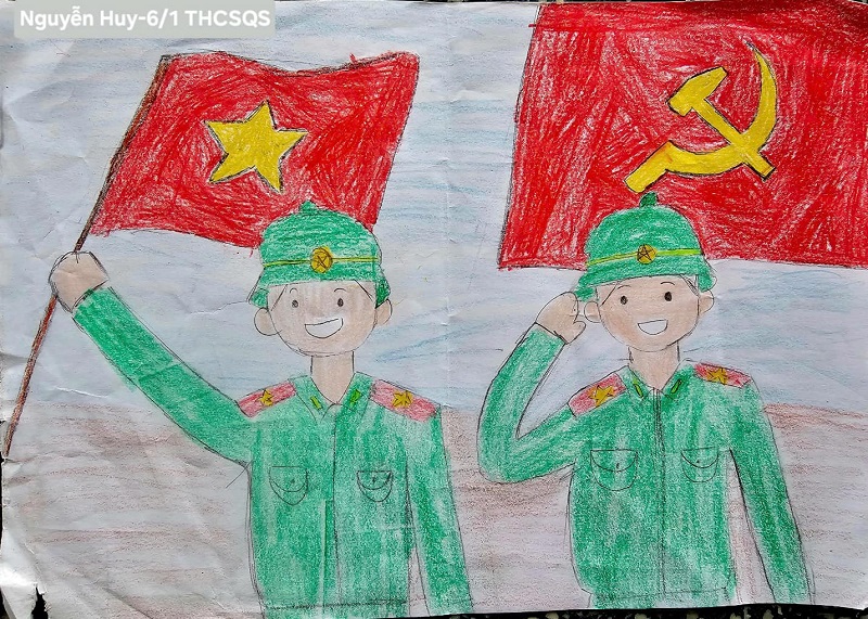 Hình ảnh học sinh vẽ hai chú bộ đội và cờ
