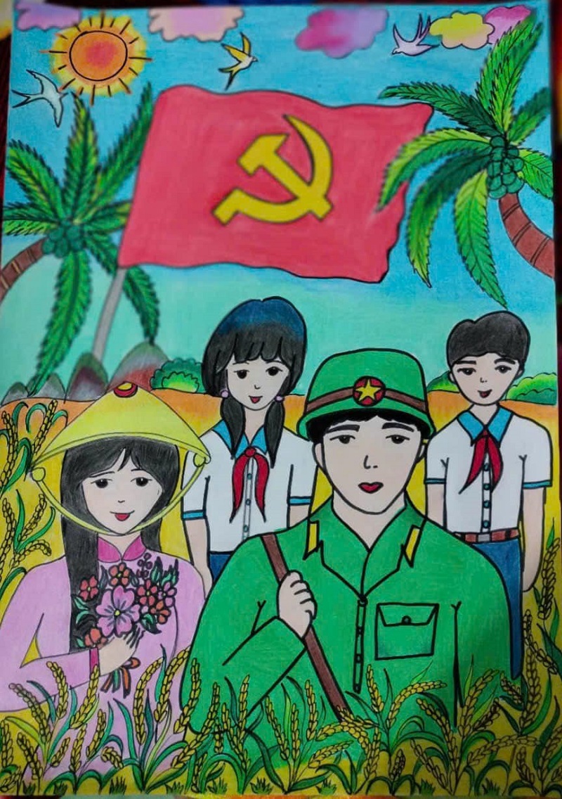 Hình ảnh học sinh vẽ chú bộ đội cô giáo và học sinh