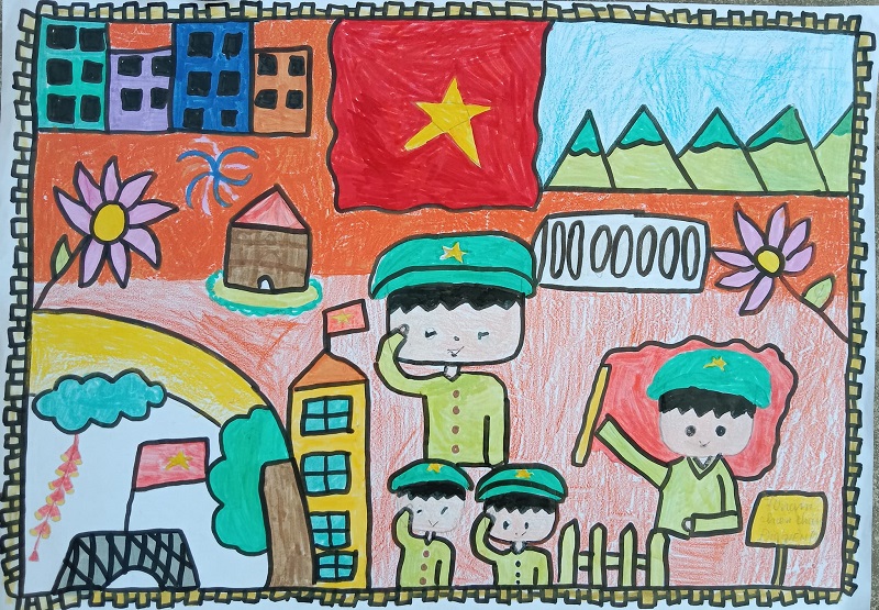 Tranh vẽ chú bộ đội chào cờ buổi sáng