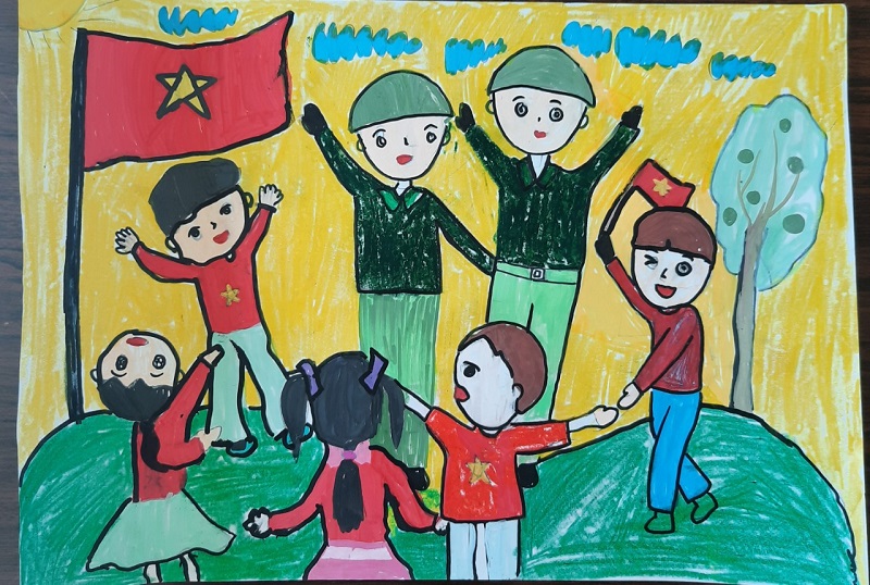 Hình ảnh chú bộ đội và các em nhỏ đang vui chơi