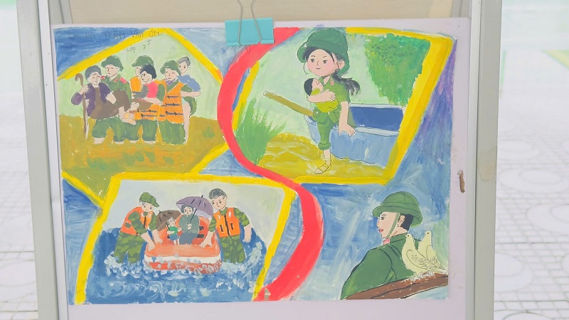 Tranh chú bộ đội cứu nạn trong lũ quét