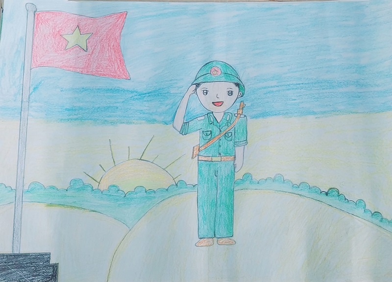 Tranh vẽ chú bộ đội đang đứng chào bên cờ đỏ sao vàng