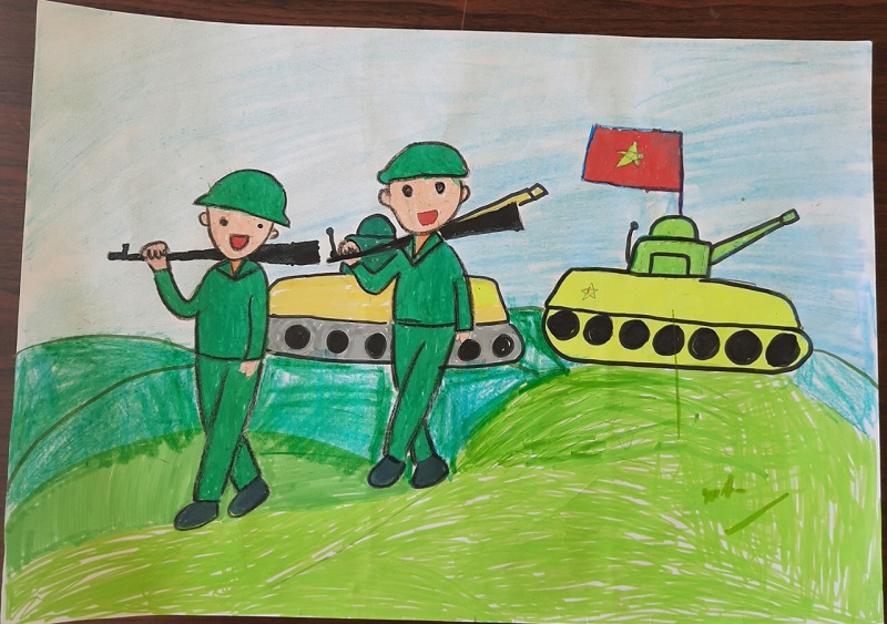 Tranh vẽ chú bộ đội và xe tăng