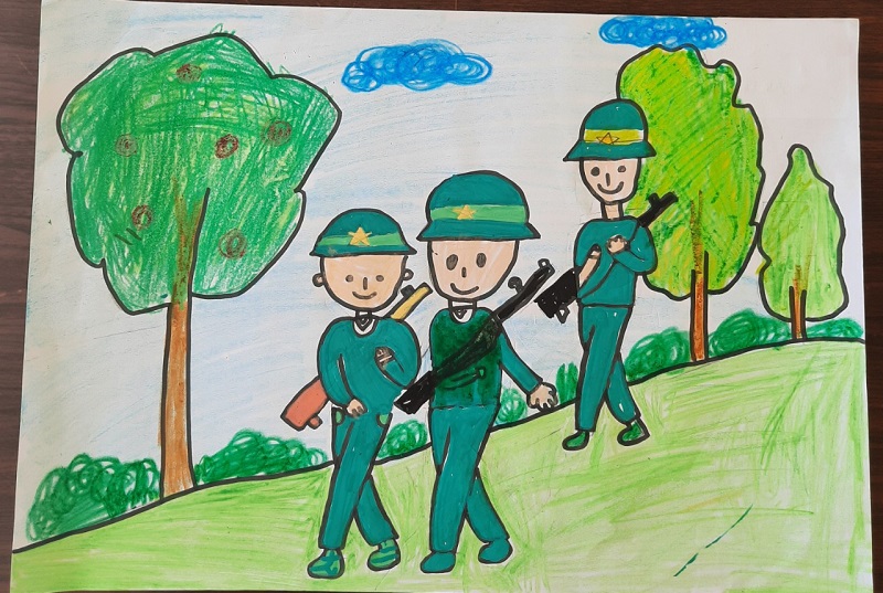 Tranh vẽ 3 chú bộ đội đang cầm súng đi tuần
