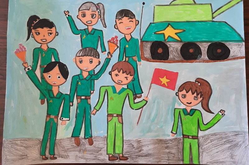 tranh vẽ bộ đội đơn giản của học sinh