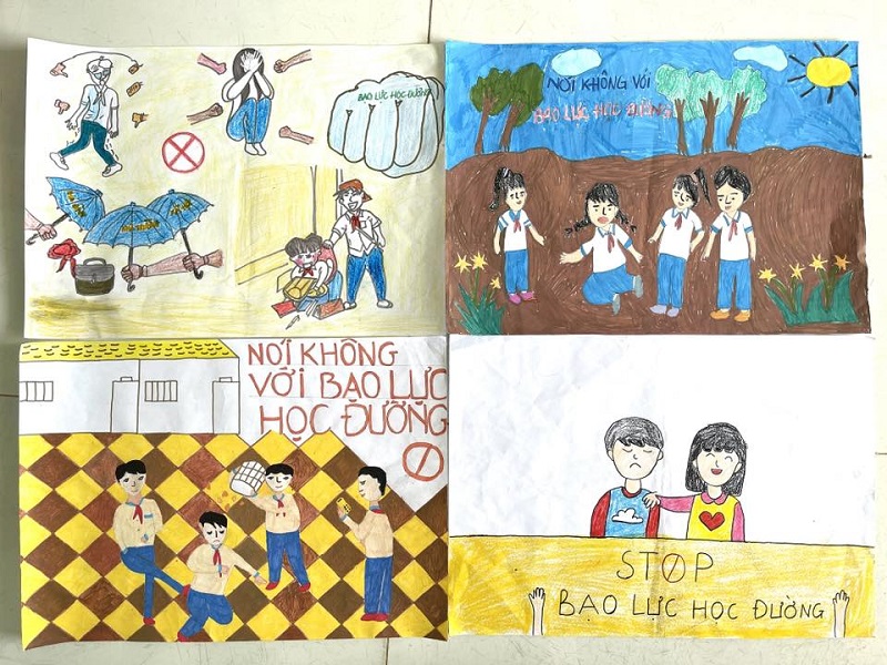 Vẽ tranh lớp 6 về đề tài không bạo lực học đường đẹp