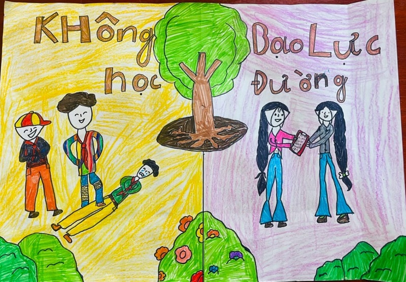 Hình ảnh tranh vẽ bảo vệ bạn bè khỏi bạo lực học đường