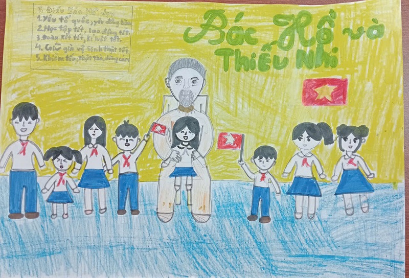 Bức tranh đề tài học sinh và Bác Hồ