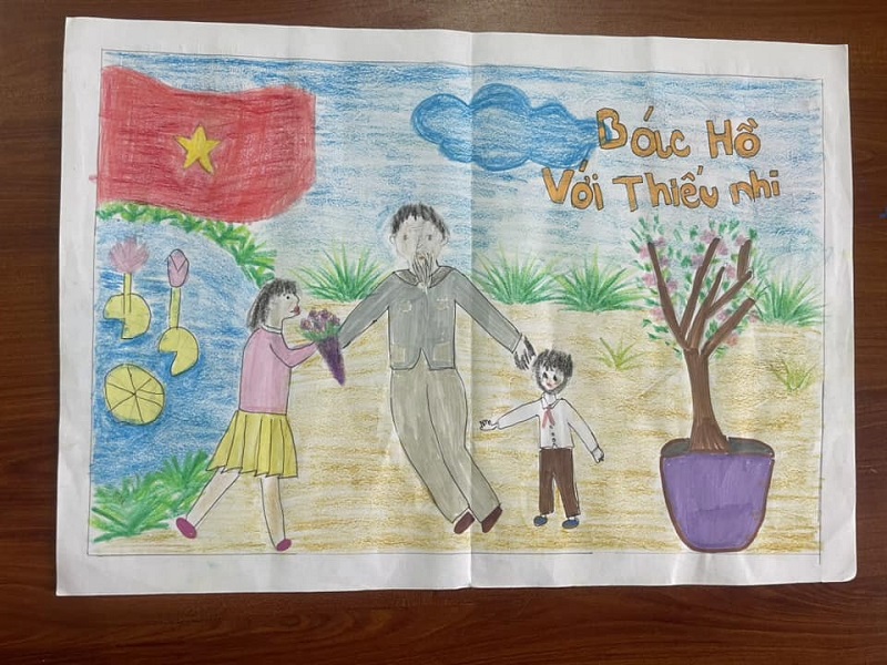 Bức tranh Bác Hồ ân cần bên các em học sinh
