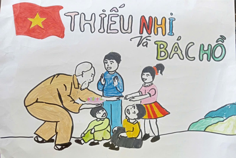 Tranh Bác Hồ phát quà trung thu cho các em nhỏ