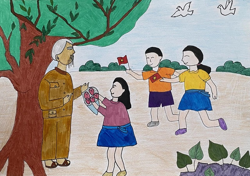 Tranh Bác Hồ và thiếu nhi dưới bóng cây đa