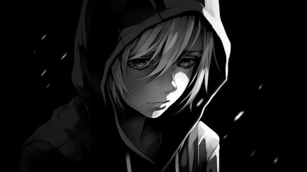 Nhân vật anime buồn trong tranh trắng đen